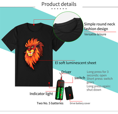 Maglietta infiammante delle coppie LED con il cotone 100% di Lion Pattern Unisex